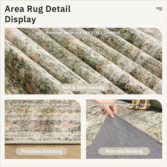 Soalmost Washable Area Rug 8x10 Large Soft Living Room Rugs Green/Orange | - Image 6