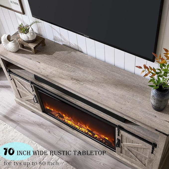 OKD Fireplace TV Stand for 80 Inch TV, Rustic Media Console w/Sliding Barn Door - Image 4