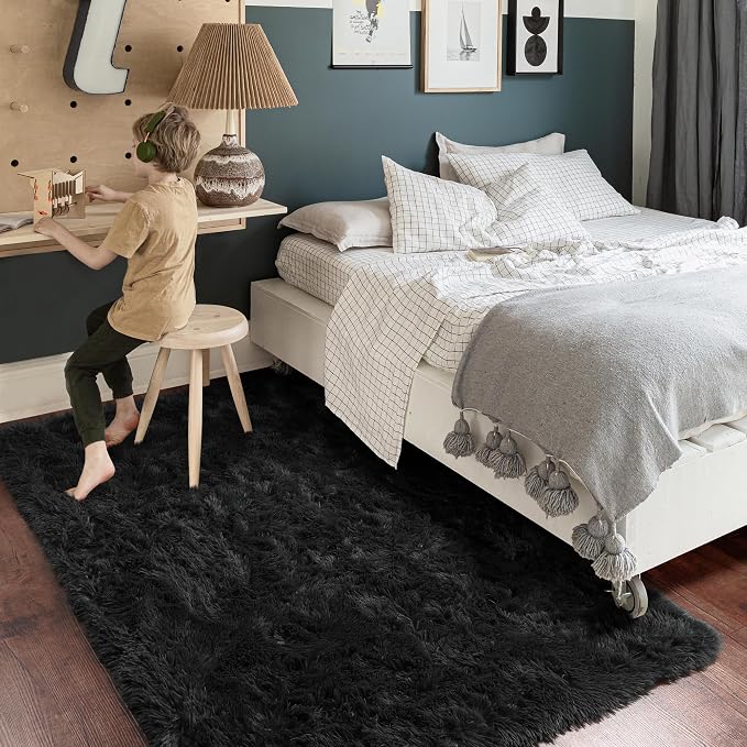 Amdrebio Black Fluffy Fuzzy Area Rug 4x6 - Image 3