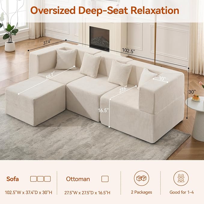 MONVANE 103'' Modular Sectional Sofa, Cloud Sectional Couch - Image 3