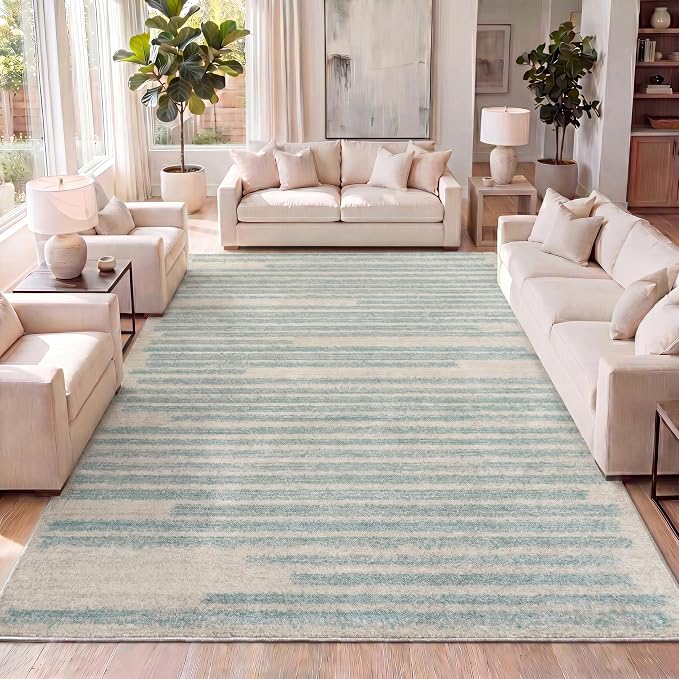 JONATHAN Y Khalil Modern Berber Stripe Cream/Turquoise Indoor Area Rug by JONATHANY