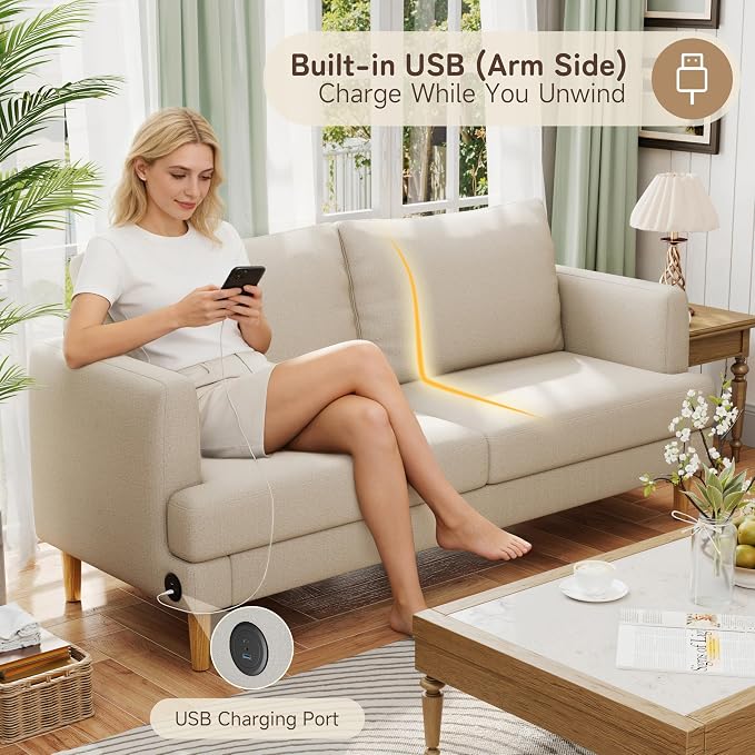 70" Modern Loveseat Sofa with USB Type-C Ports, Linen Fabric 2-Seater Deep Seat - Image 4