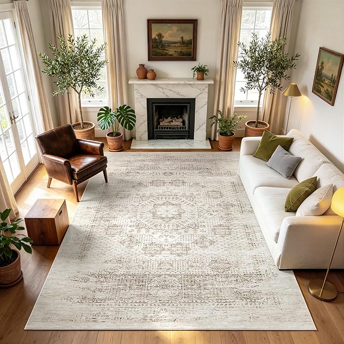 8x10 Boho Washable Area Rug for Living Room, Dining Room-Beige Brown | Neutral by Lbris