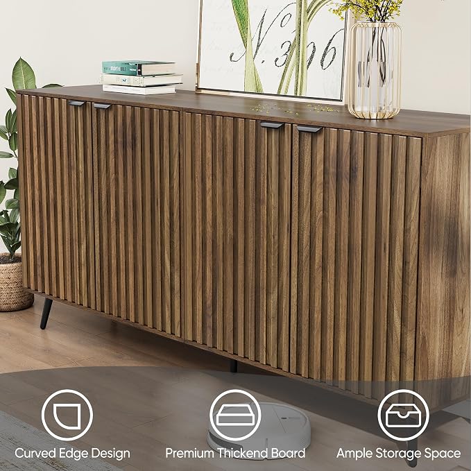 Smuxee 63" Fluted Sideboard Cabinet, Freestanding Walnut Buffet Cabinet - Image 6