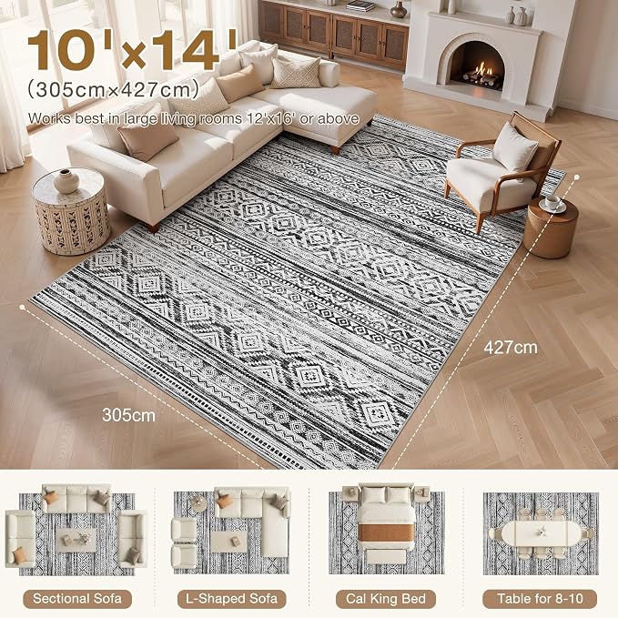 cotiled Boho 10x14 Area Rug for Living Room: Large Moroccan Washable Rug | - Image 7