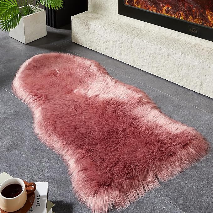 AMTOVO Faux Fur Rug, Blush Pink Area Rug, Fluffy Sheepskin Rug, Fuzzy Ultra - Image 5