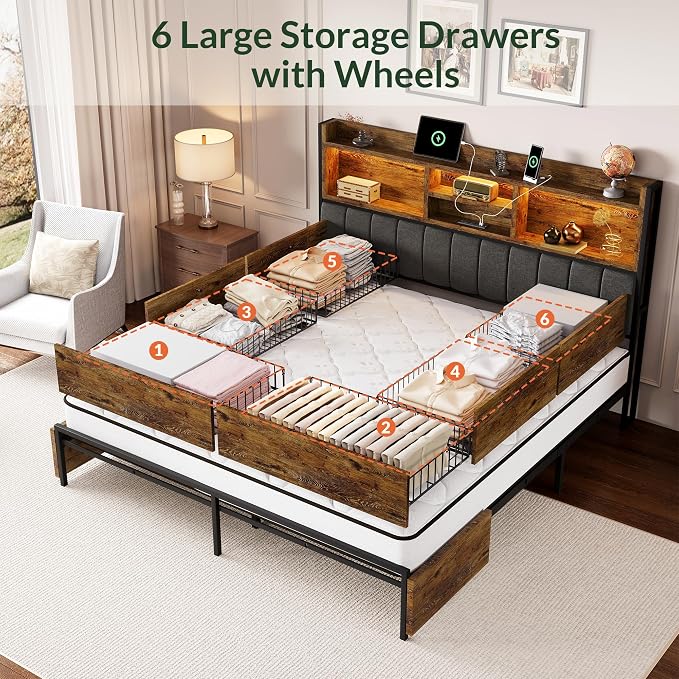 LARMACE King Bed Frame with 6 Storage Drawers, Bed Frame King Size with Linen - Image 3