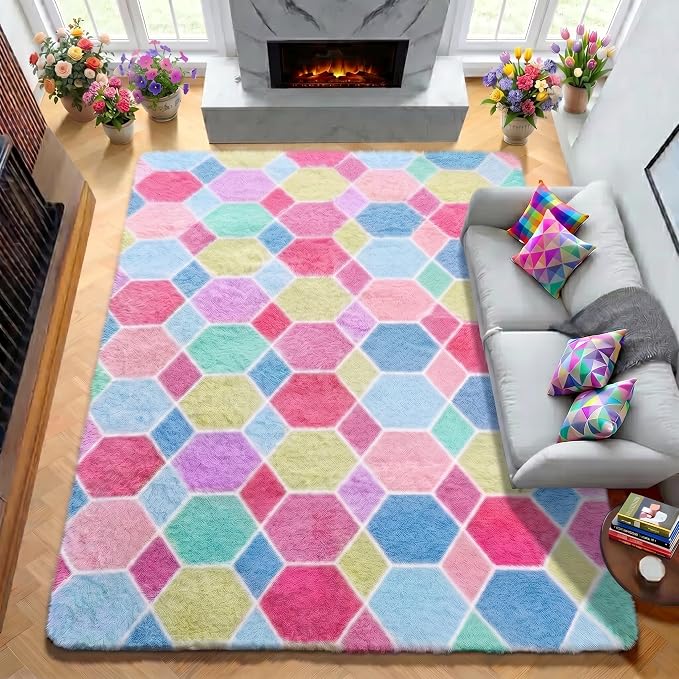 Checkered 6x9 Area Rugs for Living Room, Fluffy Pink Rainbow Girls Rug | Soft - Image 4