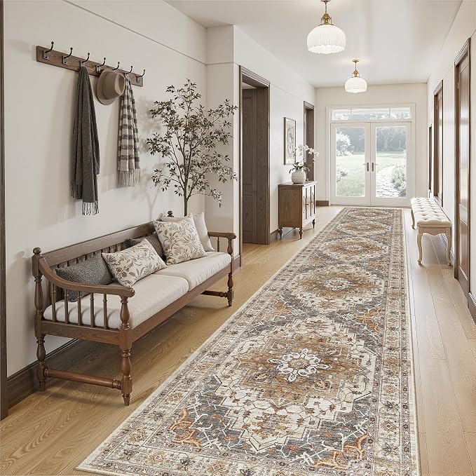 Madane Hallway Runner Rug 2'6''x16' Kitchen Runners Vintage, Turmeric/Grey | - Image 2