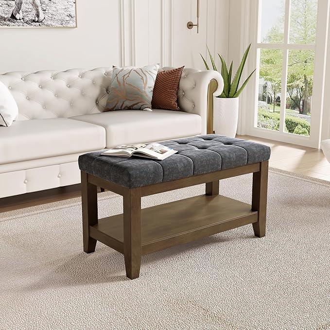 ABHENG Solid Rubber Wood Shoe Bench, Soft Chenille Material Upholstered Seat - Image 5