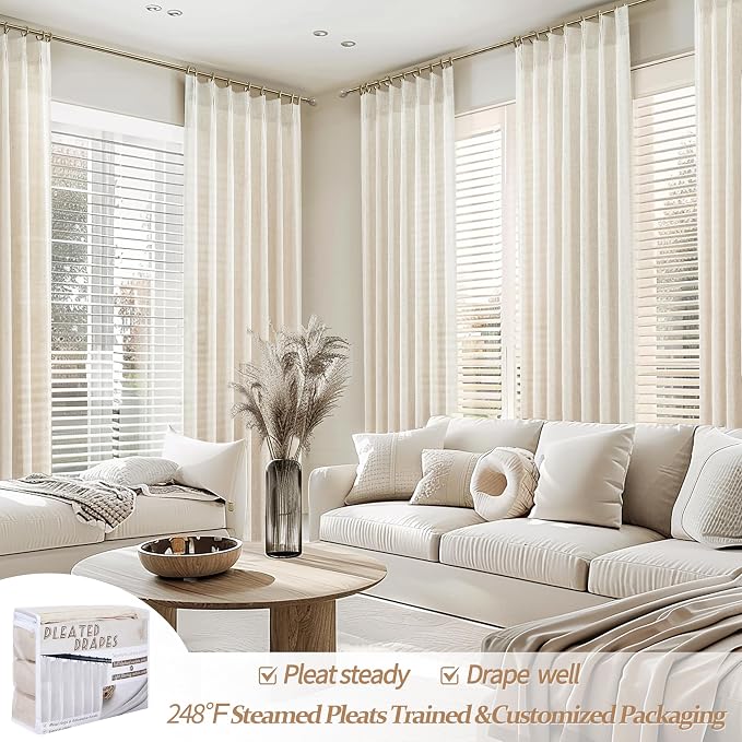 Pinch Pleated Semi Sheer 100 Inch Curtains, Pretty Neutral Cream Ivory Flax - Image 5