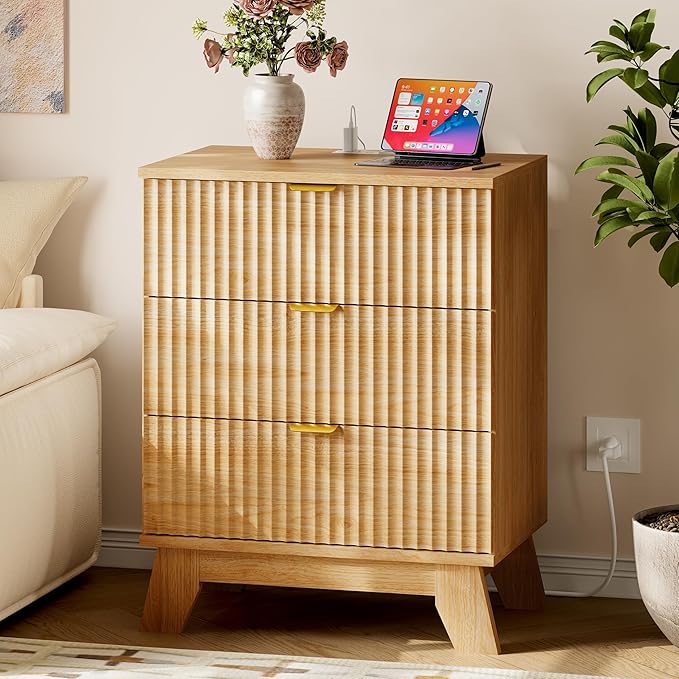 BORNOON 30.5" Nightstand with Charging Station, 3-Drawer Fluted Bedroom Chest by BORNOON