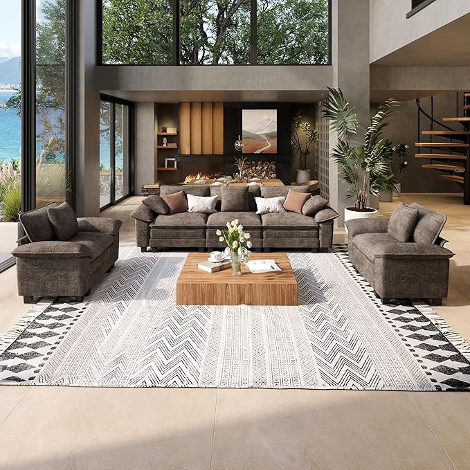 SUNSHINE VALLEY 3 Piece Living Room Sofa Furniture Set, Oversized Chenille 2 by SUNSHINEVALLEY