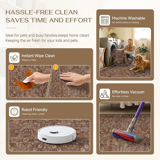 4ft Round Brick Red Vintage Floral Washable Rug - Image 6