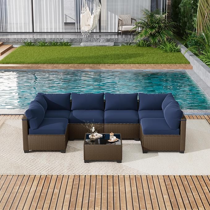 LOUVIXA 7 Piece Outdoor Patio Furniture Set, Outdoor Sectional Sofa, Wicker - Image 8