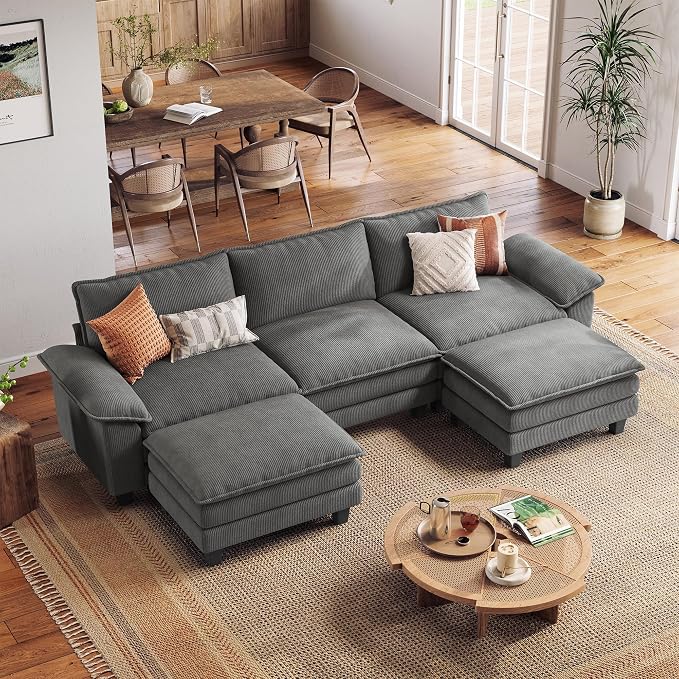LINSY HOME 123" Modular U-Shaped Sectional Sofa, 3-Seat Corduroy Modern Cloud by LINSYHOME