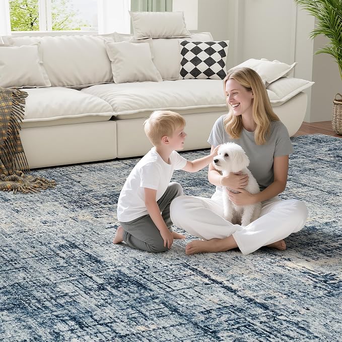 10x14 Washable Area Rug for Living Room Bedroom: Non-Slip Modern Blue Gold | - Image 6