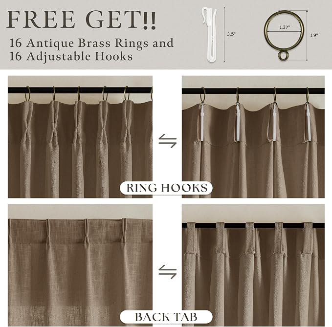Dutch Cocoa Pleated Thick Linen Semi Sheer Curtains 108 Inch Long 2 Panels | - Image 5