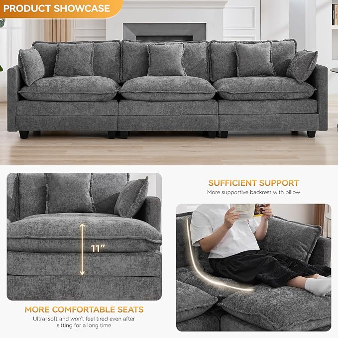 111'' Sectional Cloud Deep Seat Couch, Modern Comfy Chenille Modular Sectional - Image 5
