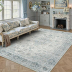 8x10 Light Blue Retro Floral Washable Area Rug - Image 2