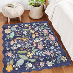 Floral Square Area Rug for Family: Washable 5x5 Scalloped Carpet for Living - Image 2