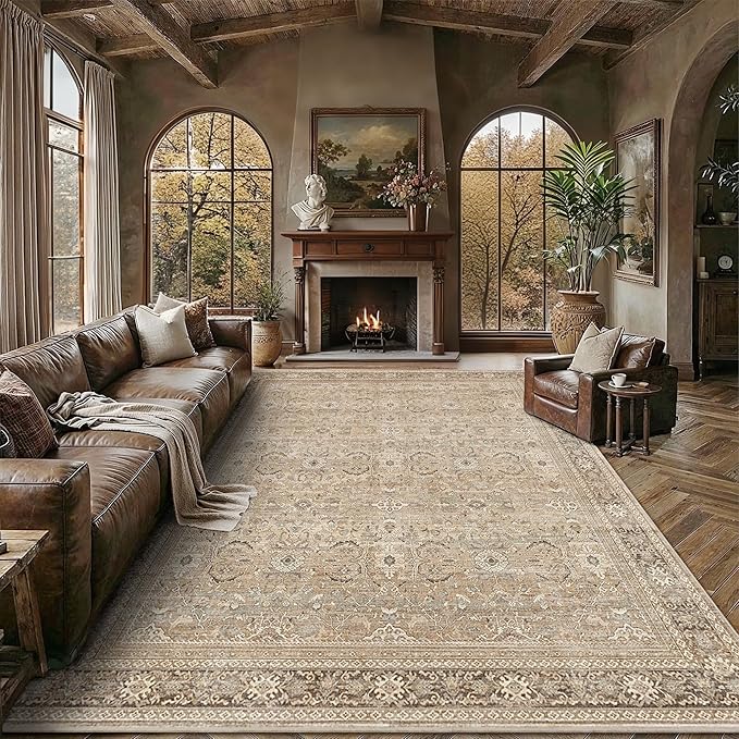 Schweek 8x10 Washable Area Rugs Khaki Vintage Carpet Non Slip by Schweek