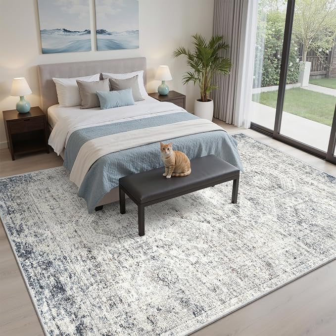 Soalmost 5x7 Area Rugs Blue/Ivory Low Pile Washable Trendy Faded Style Rug | - Image 3