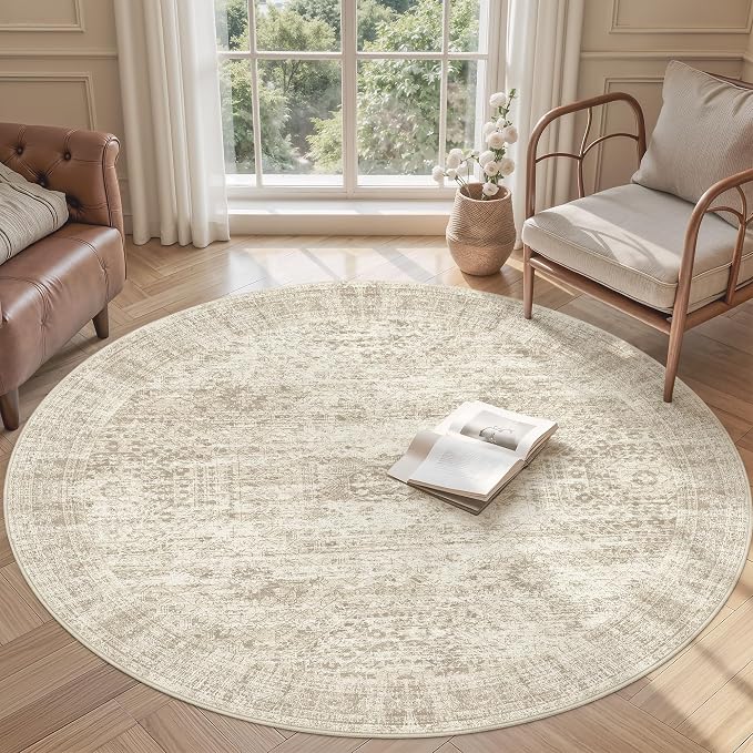 Soalmost 6x6 Beige Round Rug 6ft Circle Living Room Area Rugs Non-Slip | - Image 2