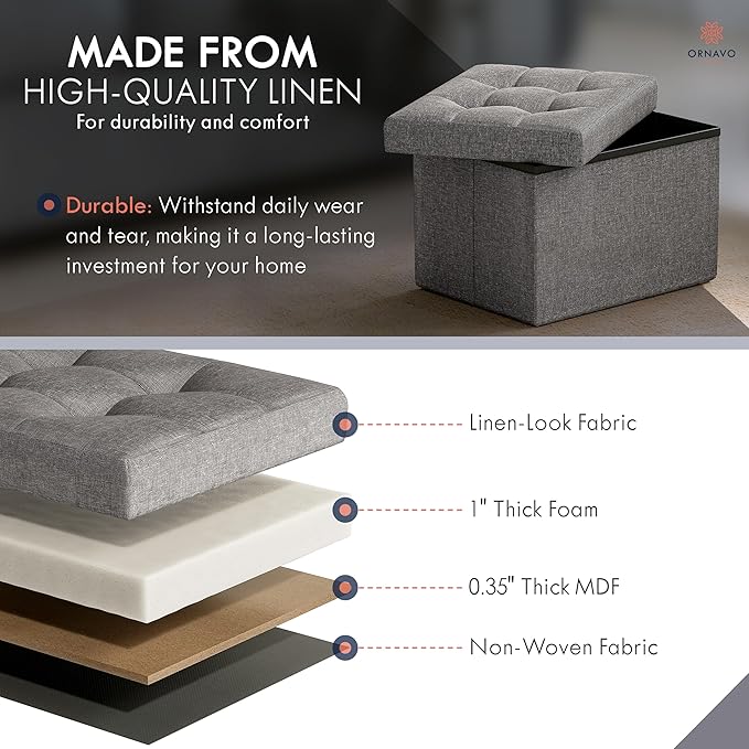 Ornavo Home Small Storage Ottoman, Foldable Collapsible Rectangle Linen Ottoman - Image 4
