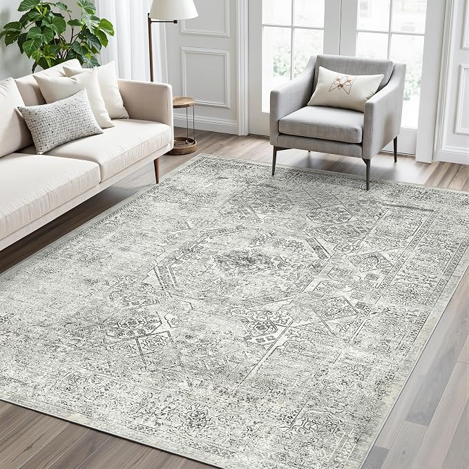 Soalmost 5x7 Area Rugs Light Gray Washable Trendy Faded Style Floral Rugs | - Image 9