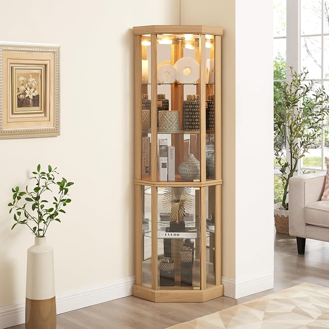 Corner Curio Cabinet, 150lbs Heavy Duty Glass Display Cabinet by Trunback