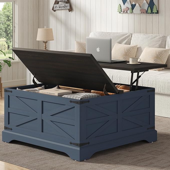 Furnideco 35.5''W Square Coffee Table Farmhouse Lift top Coffee Table - Image 3