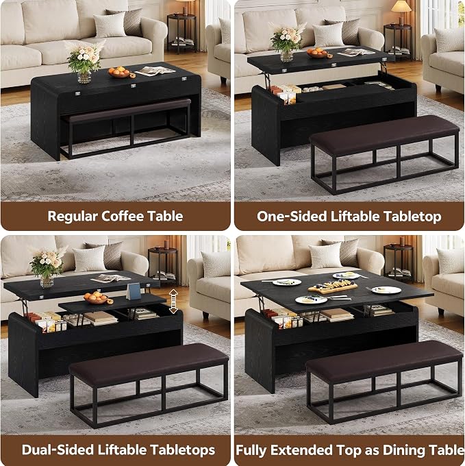 Lift Top Coffee Table with Bench, 4-in-1 Multi-Function Coffe Table w/Curved - Image 3