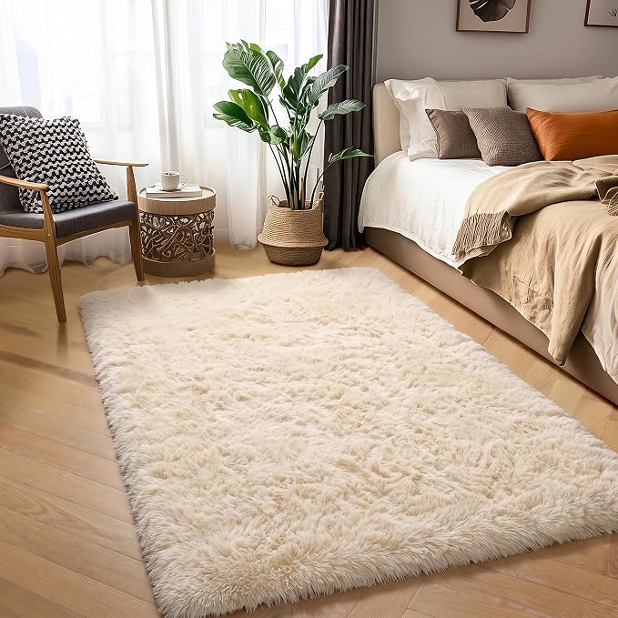 Amdrebio Beige Boho Fluffy Kids Area Rug 4x6 - Image 3