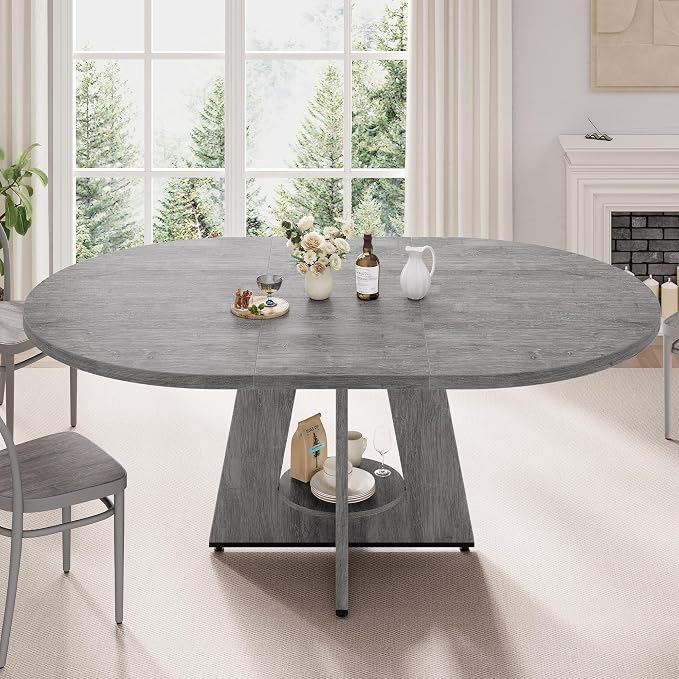 43''–59'' Extendable Dining Table, Round Kitchen Dining Room Dinner Table - Image 5