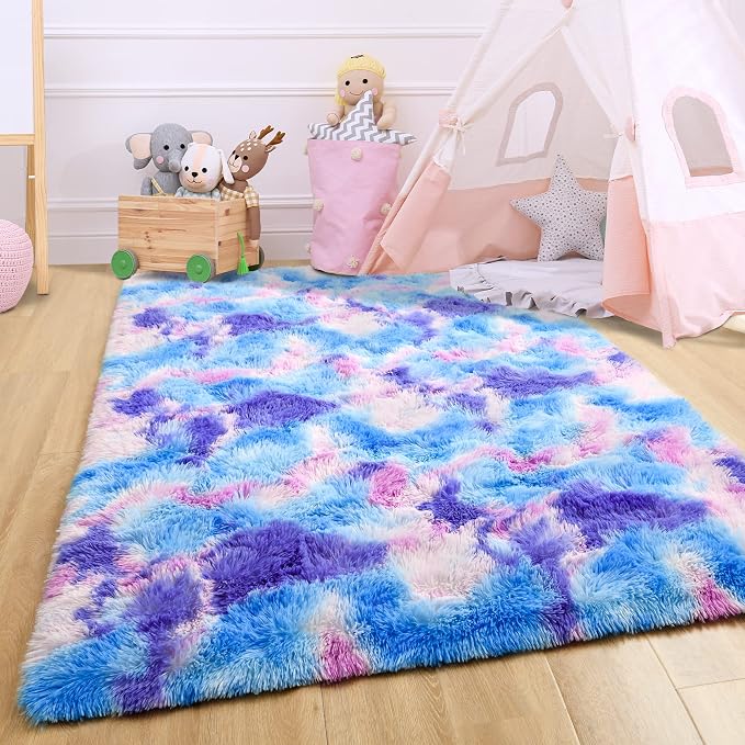 4x6 Tie-Dyed Blue Purple Pink Fluffy Area Rug Non-Slip - Image 4