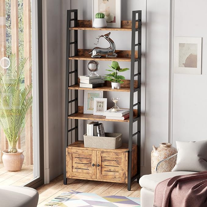 IRONCK Bookshelf with Louvered Doors, 4-Tier Ladder Shelf with Cabinet - Image 7