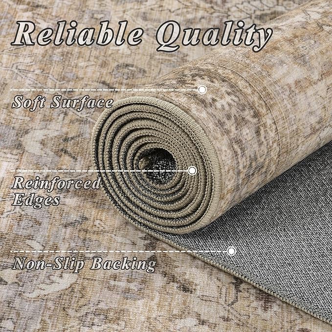 Schweek 6x9 Area Rug Khaki Washable Vintage Distressed Living Room Rugs | Non - Image 5