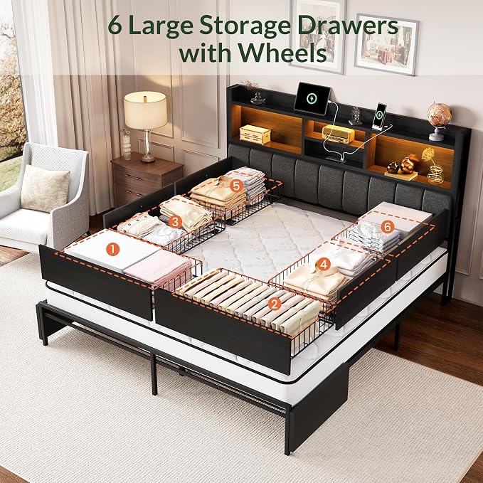 LARMACE Queen Bed Frame with 6 Storage Drawers, Bed Frame Queen Size with Linen - Image 3