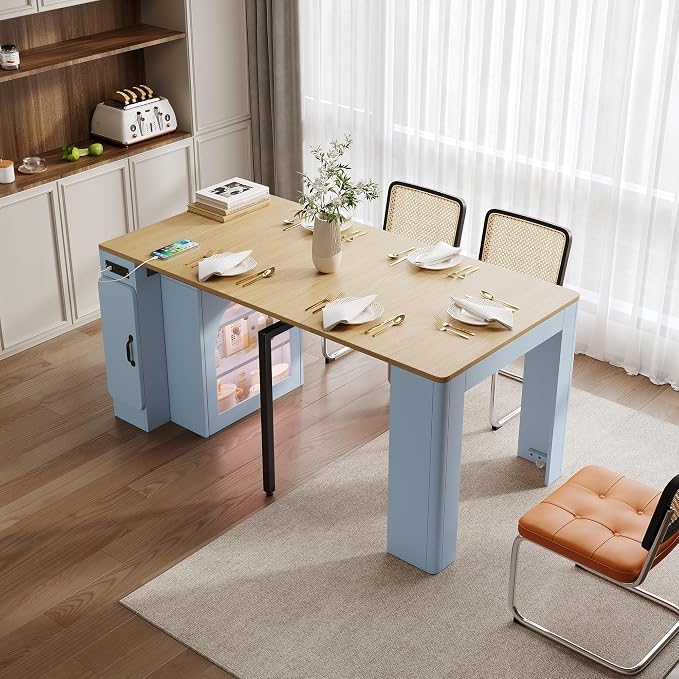 Extendable Dining Table with 3 Removable Middle Leaves, Mobile Rolling Island - Image 3