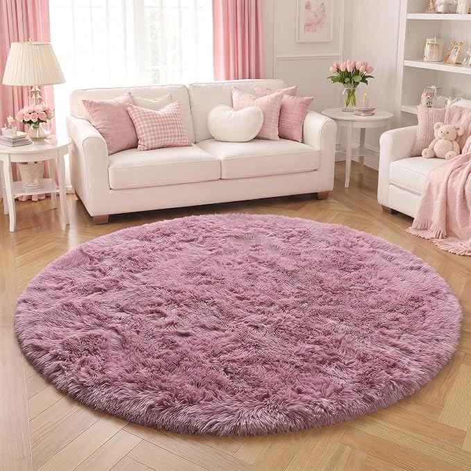 Amdrebio Mauve Pink Big Round Fuzzy Rug 6Ft - Image 4