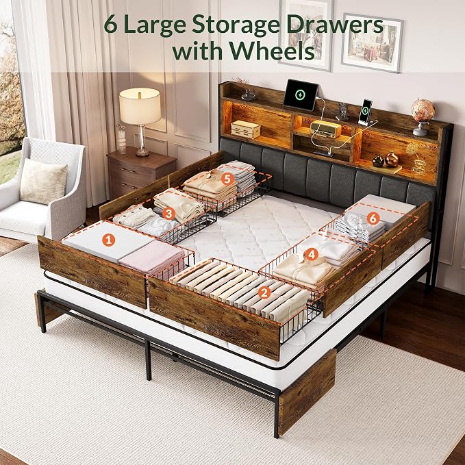 LARMACE Queen Bed Frame with 6 Storage Drawers, Bed Frame Queen Size with Linen - Image 3
