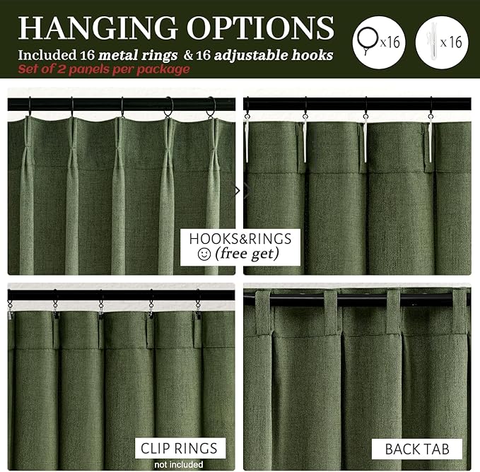 Olive Green Linen Curtains 96 Inches Long 2 Panels Set, Modern Aesthetic Pinch - Image 4