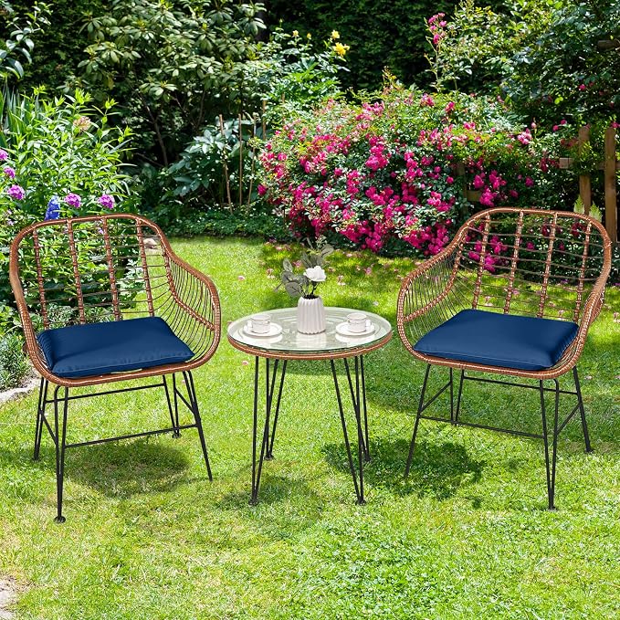 Tangkula 3 Pieces Patio Conversation Bistro Set, Outdoor Wicker Furniture - Image 4