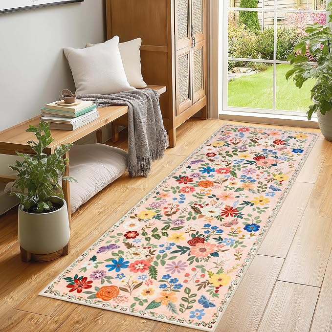 PLHXFR 2.6x8 Washable Runner Rug：Floral Indoor Kitchen Soft Carpet Beige | - Image 3