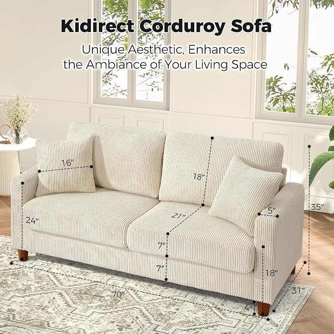 70in Corduroy Couch, Kidirect Sofa No Tool Assembly, Comfy Couches - Image 9