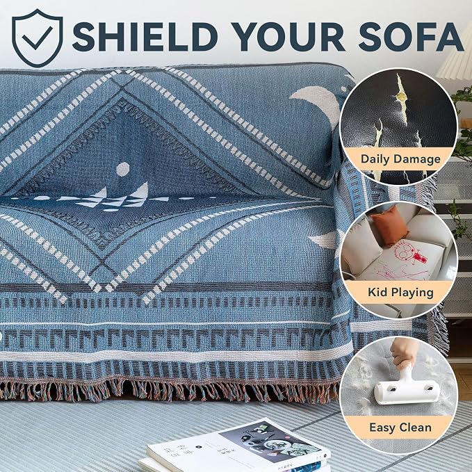 VClife Boho Sofa Couch Cover White Blue Plaid Stripe Couch Cover - Image 4