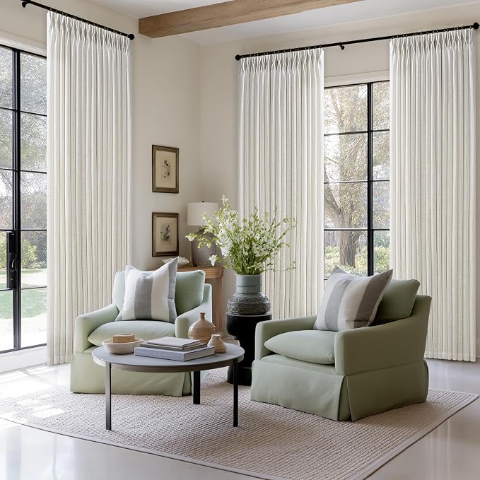 Extra Long Pleated Semi Sheer Flax Linen Curtains Cream Ivory 132 Inch Long | - Image 7