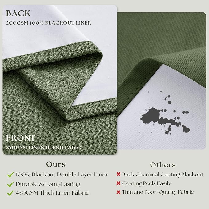 84 Inch Olive Green Linen Pinch Pleated Blackout Curtains Dual Layer | 100% - Image 6