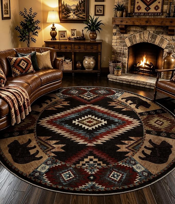 Southwestern Round Rug 6ft, Low Pile Soft Circle Area Rug by YIHOUSE